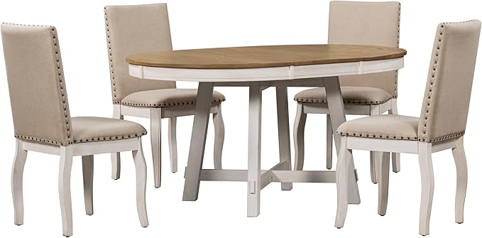 5-Piece Dinette Sets Round Extendable Kitchen Dining Table, 4 Upholstered Chairs, for Diningroom Living Room, Easy to Assemble, Oak Natural Wood + Antique White - LeafyLoom