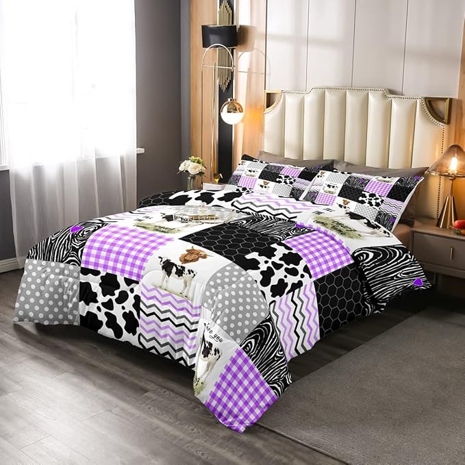 Erosebridal Cute Cow Print Comforter Set King Size Kawaii Highland Cow Bedding Set Bedroom Decor Honeycomb Plaid Pattern Geometric Stripes Down Comforter Farm Animals Duvet Set, Purple Black Grey - LeafyLoom
