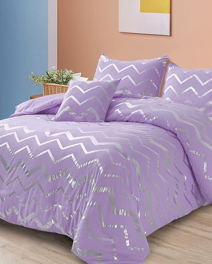 Purple/Silver Comforter Set Queen, Lavender Metallic Print Glitter Bedding Set Cute Shinny Lilac Bed Sets for Teen Girls Kids Women, 4 Piece (2 Pillowcases, 1 Decorative Pillow Sham) - LeafyLoom