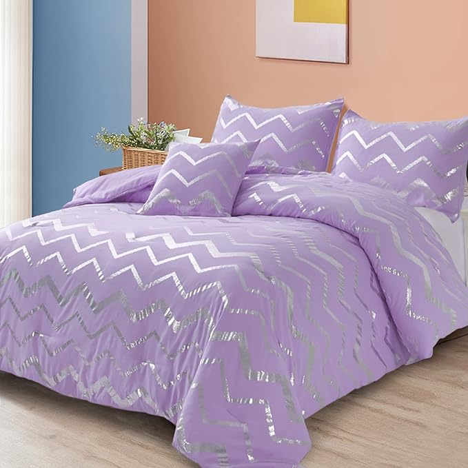 Purple/Silver Comforter Set Queen, Lavender Metallic Print Glitter Bedding Set Cute Shinny Lilac Bed Sets for Teen Girls Kids Women, 4 Piece (2 Pillowcases, 1 Decorative Pillow Sham) - LeafyLoom
