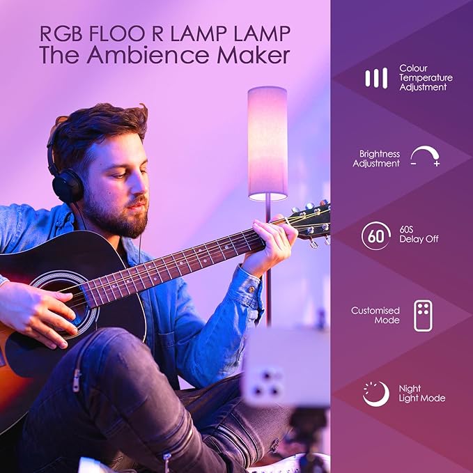 Floor Lamps for Living Room, Modern Floor Lamp with RGB LEDs Bulb,Dimmable Floor Lamp with App Control & Remote Control,Tall Reading Lamp for Bedroom, Living Room, Office,Linen lampshade - LeafyLoom