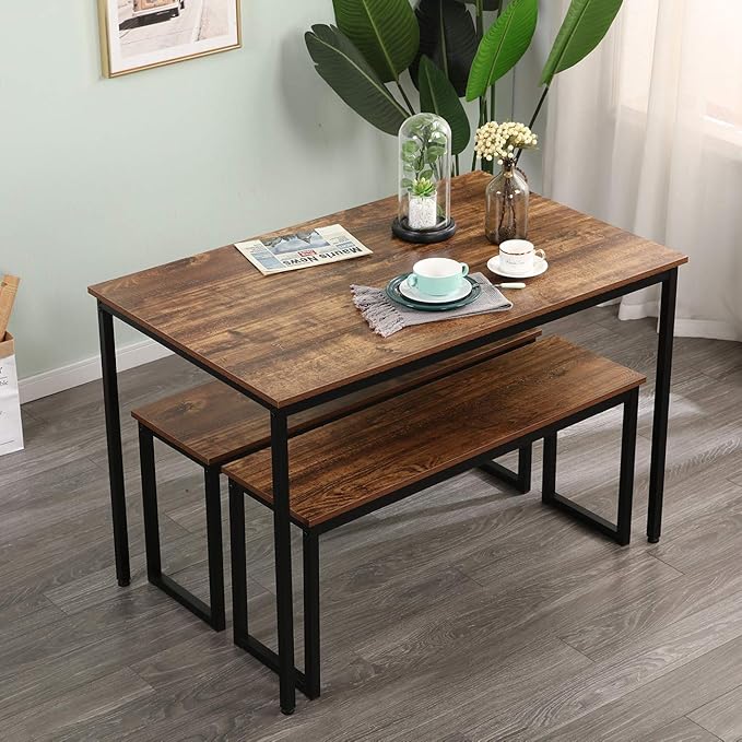SogesGame Dining Table Set with Two benches,Kitchen Table Set for 2-4 Persons,3 Pieces Home Kitchen Breakfast Bar Set Furniture Dining Set - LeafyLoom