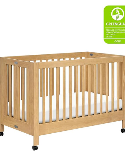 Babyletto Maki Full-Size 2-in-1 Portable Folding Crib with Toddler Bed Conversion Kit in Honey, Greenguard Gold Certified - LeafyLoom