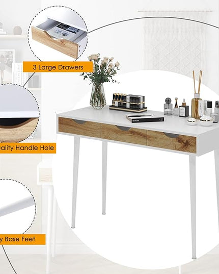 SogesHome 43.3 Computer Desk, Home Office Work Table with 3-Drawers, Gaming Working Writing Table, White&Teak - LeafyLoom