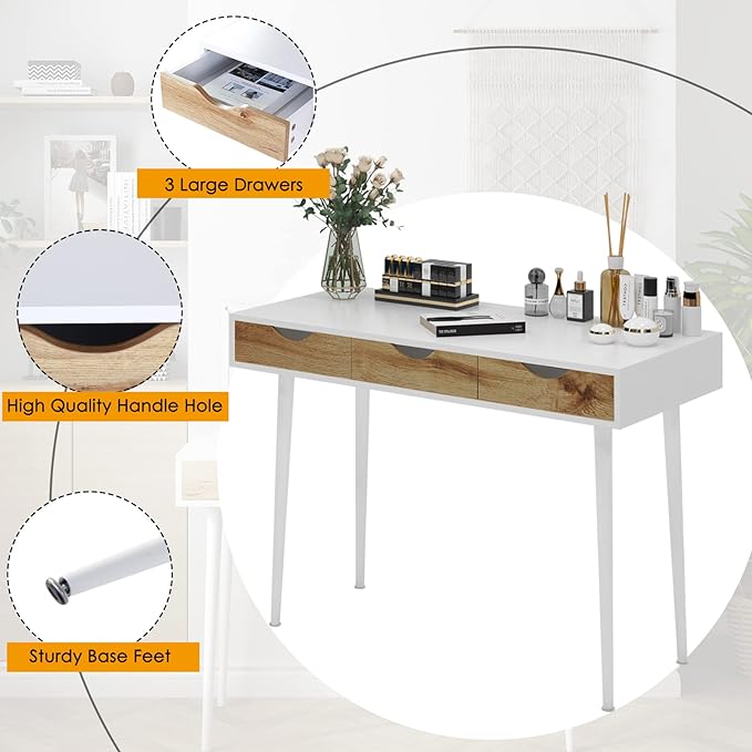 SogesHome 43.3 Computer Desk, Home Office Work Table with 3-Drawers, Gaming Working Writing Table, White&Teak - LeafyLoom