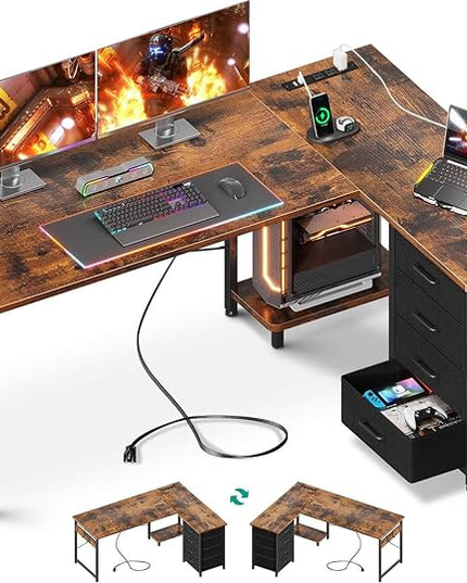 AODK L Shaped Desk with 4 Tier Drawers, 53" Reversible Gaming Desk with Power Outlets, L Shaped Computer Desk with USB Charging Port and Host Stand, Home Office Corner Desk, Easy to Assemble, Vintage - LeafyLoom