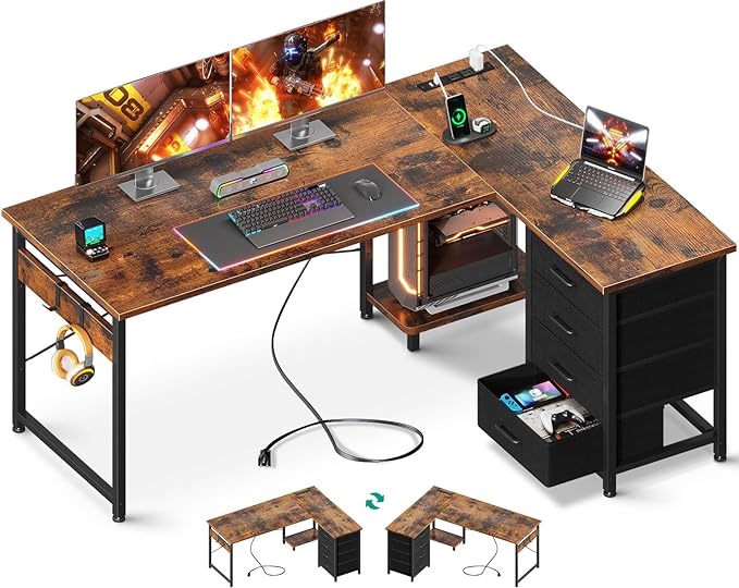 AODK L Shaped Desk with 4 Tier Drawers, 53" Reversible Gaming Desk with Power Outlets, L Shaped Computer Desk with USB Charging Port and Host Stand, Home Office Corner Desk, Easy to Assemble, Vintage - LeafyLoom