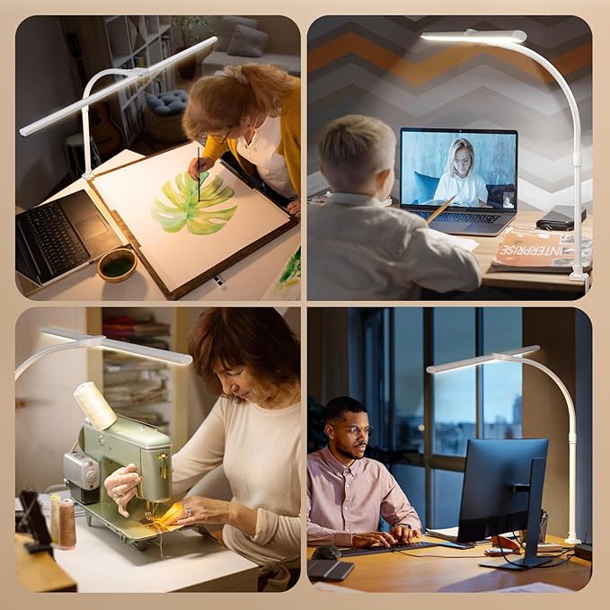 LED Desk Lamp for Home Office, Remote Control LED Desk Light with Color Changing Dimmable Computer lamp with Flexible Gooseneck, 24W, Double Head, White - LeafyLoom