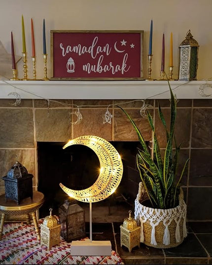 Rustic Moon Lamp for Ramadan Decor, Battery Operated Ramadan Lights for EID Mubarak Decorations, Office Desk, Cabinet, Bedroom Bedside Living Room Decor, Dining Centerpiece Table Decorations - LeafyLoom