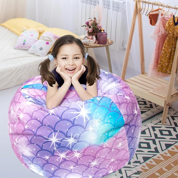 Stuffed Animal Storage Bean Bag Chair Cover, Hold Kids Plush Toys Blankets Towels Beanbag (Cover Only), Floor Circle Stuff Sit Seat Sofa with YKK Zipper, Extra Large 38", Classic Mermaid - LeafyLoom