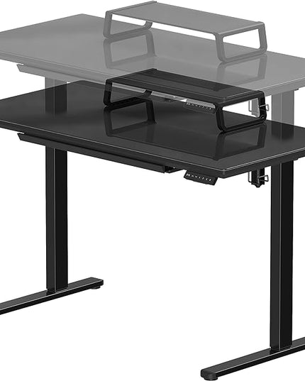 SHW 48-Inch Whole-Piece Glass Electric Height Adjustable Desk with Monitor Riser and Drawer, Black - LeafyLoom