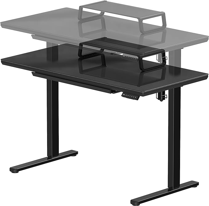 SHW 48-Inch Whole-Piece Glass Electric Height Adjustable Desk with Monitor Riser and Drawer, Black - LeafyLoom
