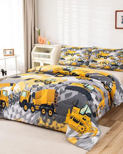 Feelyou Kids Construction Comforter Set Twin Bedding Sets for Boys Toddler Children Cartoon Cars Excavator Tractor Comforter Set Construction Machinery Truck Duvet Set Cars Bed Set with 1 Pillow Case - LeafyLoom