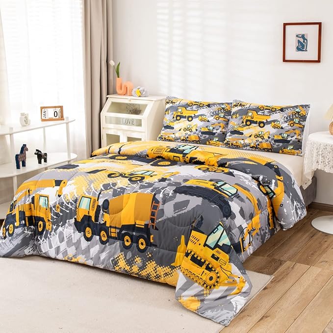 Feelyou Kids Construction Comforter Set Twin Bedding Sets for Boys Toddler Children Cartoon Cars Excavator Tractor Comforter Set Construction Machinery Truck Duvet Set Cars Bed Set with 1 Pillow Case - LeafyLoom