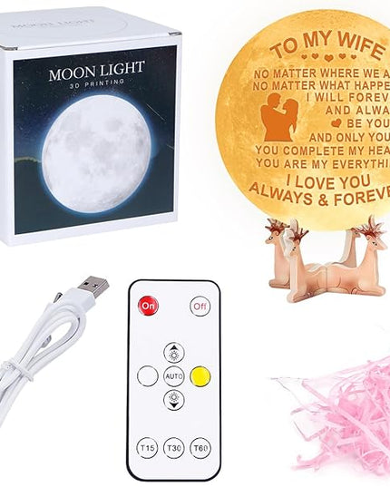 Engraved 3D Moon Lamp for Wife,Personalized 5.9 Inch 3D Printing Moon Light Gift for Wife Valentine's Day Gift - LeafyLoom