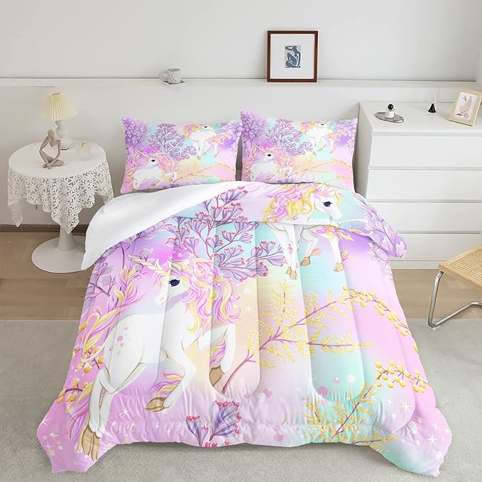 CVHOUSE Rainbow Unicorn Bedding Full Size,Rainbow Unicorn Bedding Set for Girls Kids Teens,Rainbow Unicorn Comforter Set Unicorn Duvet Set Unicorn Quilt Set Girls Room Decor 3 Pieces - LeafyLoom