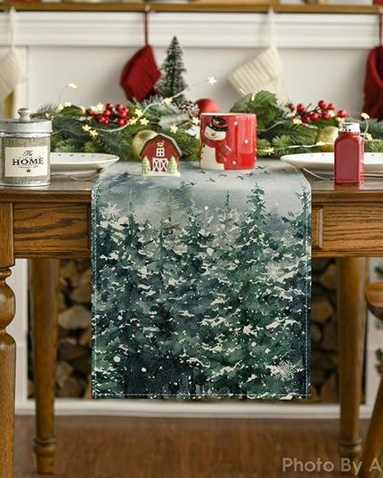 Artoid Mode Green Tree Snow Christmas Table Runner, Seasonal Winter Kitchen Dining Holiday Table Decoration for Home Party Decor 13x90 Inch ArtoidMode