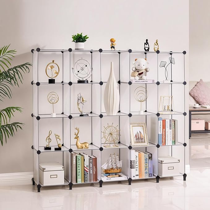 ANWBROAD Cube Storage Organizer 20-Cube Cubby Shelving Book Shelf Living Room Closet Clothes Organizers Kids Toys Craft Yarn Storage with Rubber Hammer for Bedroom Office White ULCS020T - LeafyLoom
