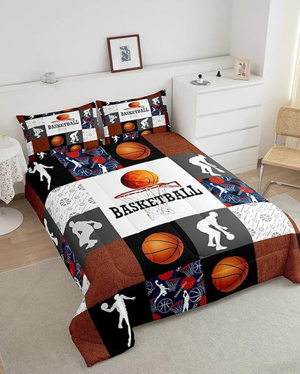 Basketball Twin Comforter Set For Boys Sports Bedding Set Basketball Athlete Bed Comforter Sets Patchwork Style Orange Black White Grey Soft Lightweight Quilt Duvet Insert 1 Pillow Case Room Decor - LeafyLoom