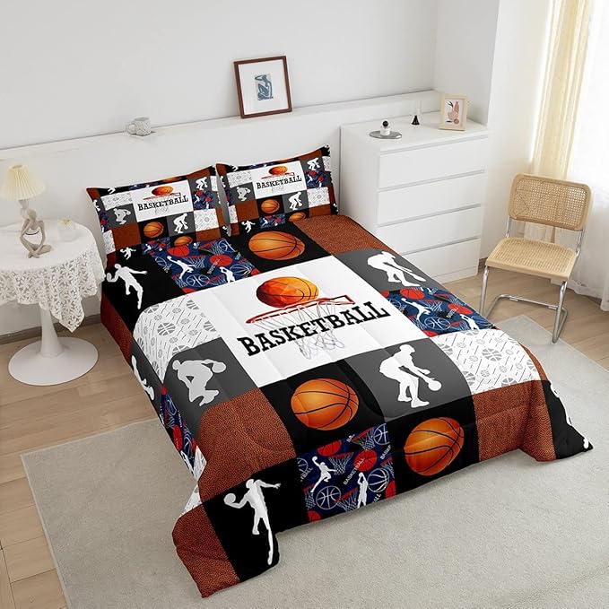 Basketball Twin Comforter Set For Boys Sports Bedding Set Basketball Athlete Bed Comforter Sets Patchwork Style Orange Black White Grey Soft Lightweight Quilt Duvet Insert 1 Pillow Case Room Decor - LeafyLoom