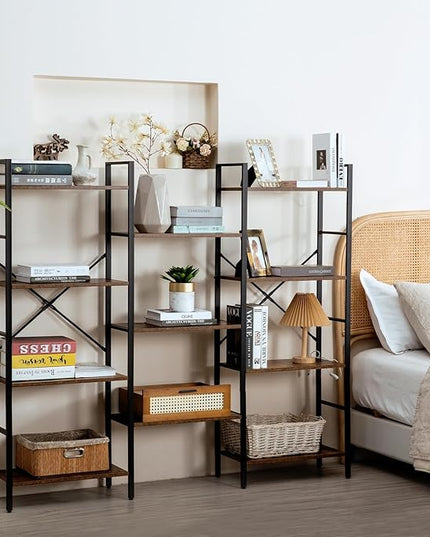 Triple Wide 4-Tier Bookshelf, Large Industrial Bookcase with 11 Open Display Shelves with Metal Frame for Living Room Bedroom Kitchen Office, Rustic Brown - LeafyLoom