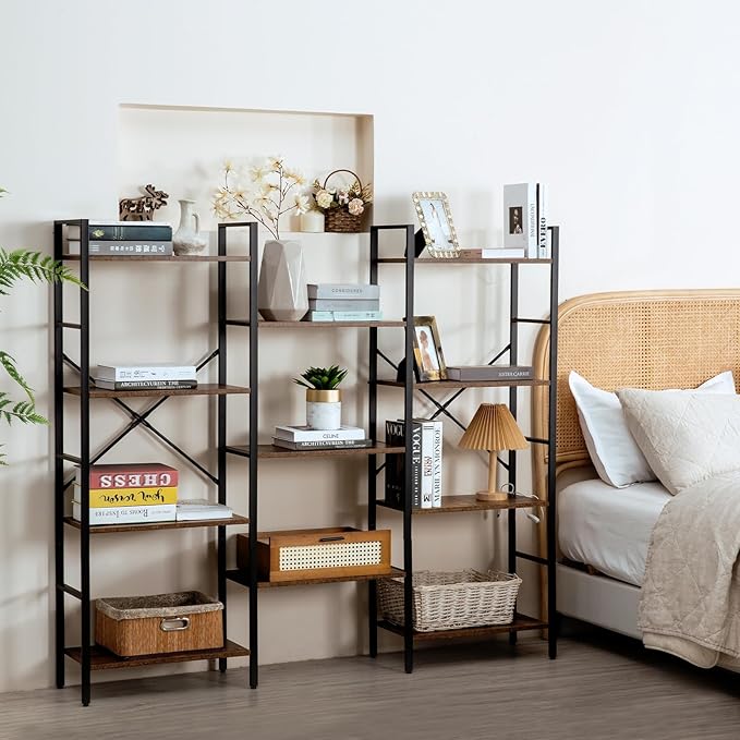 Triple Wide 4-Tier Bookshelf, Large Industrial Bookcase with 11 Open Display Shelves with Metal Frame for Living Room Bedroom Kitchen Office, Rustic Brown - LeafyLoom