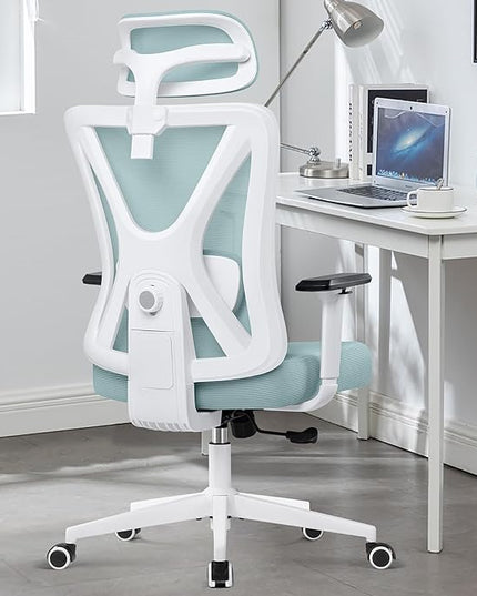 KERDOM Ergonomic Office Chair, Rolling Swivel Executive Desk Chair, Breathable Mesh Gaming Chair with Adjustable Headrest, 3D Armrest and Lumbar Support for Home Office LightBlue - LeafyLoom