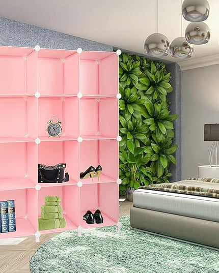 Gold Armour Cube Storage 12-Cube Bookshelf Closet Organizer Storage Shelves Cubes Organizer Plastic Square Book Shelf Bookcase DIY Closet Cabinet Organizer Shelving for Home Office Bedroom (Pink) - LeafyLoom