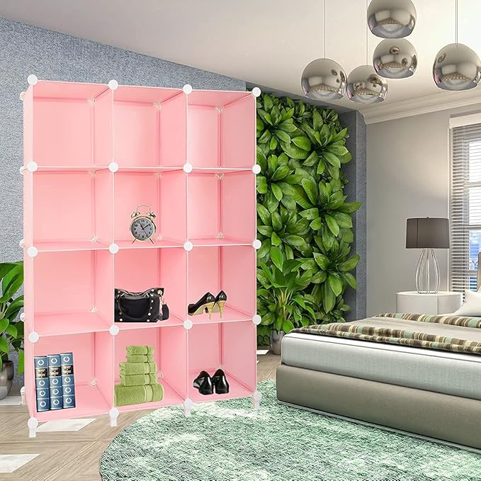 Gold Armour Cube Storage 12-Cube Bookshelf Closet Organizer Storage Shelves Cubes Organizer Plastic Square Book Shelf Bookcase DIY Closet Cabinet Organizer Shelving for Home Office Bedroom (Pink) - LeafyLoom