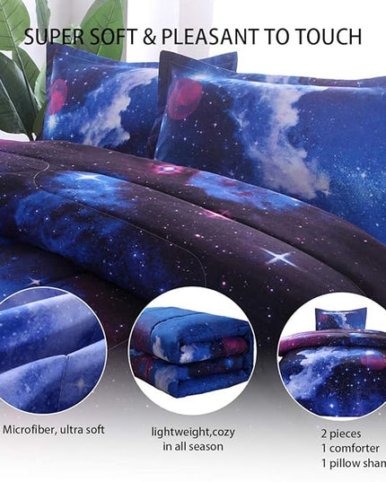JQinHome Twin Galaxy Comforter Sets Blanket, 3D Outer Space Themed Bedding, All-Season Reversible Quilted Duvet, for Children Boy Girl Teen Kids - includes 1 Comforter, 1 Pillow Sham (Dark Blue) - LeafyLoom