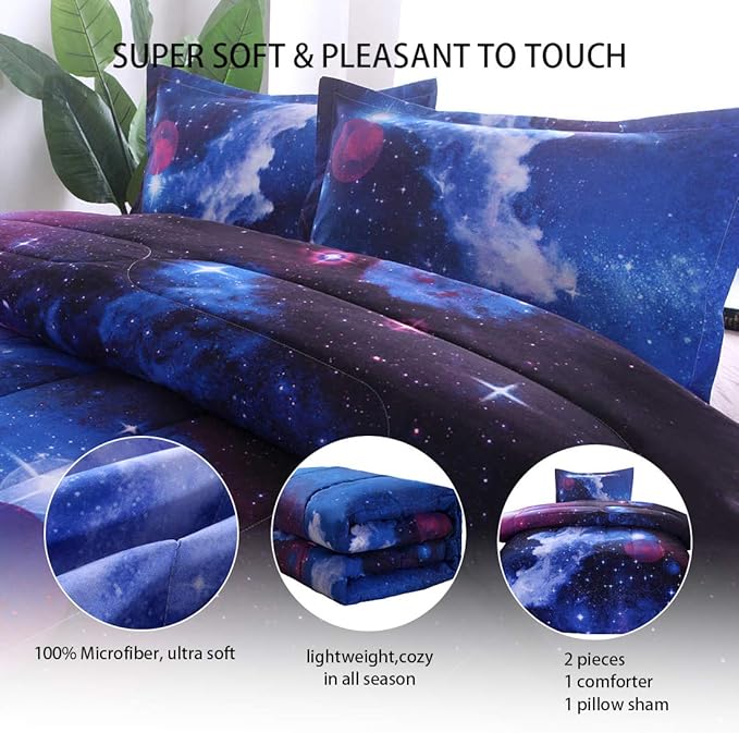 JQinHome Twin Galaxy Comforter Sets Blanket, 3D Outer Space Themed Bedding, All-Season Reversible Quilted Duvet, for Children Boy Girl Teen Kids - includes 1 Comforter, 1 Pillow Sham (Dark Blue) - LeafyLoom