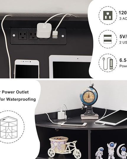 Vecelo Corner Cabinet with Charging Station, 3-Tier Cube Storage Organizer with USB Ports and Outlets, Triangle Bookcases with 8 Cubbies for Playroom, Bedroom, Living Room, Black - LeafyLoom