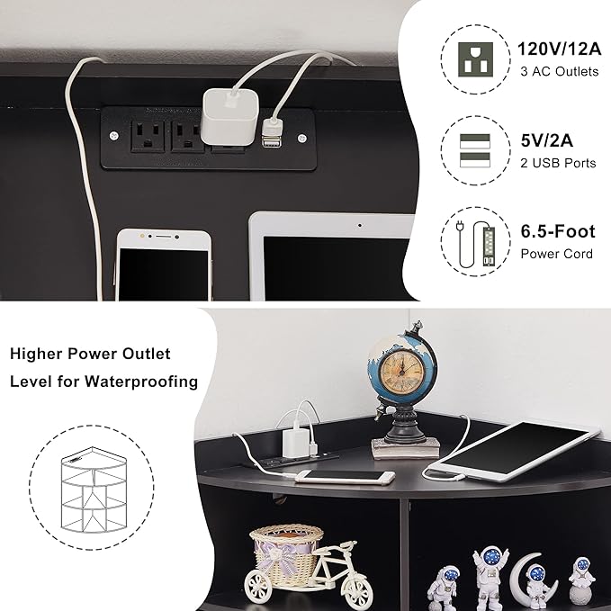 Vecelo Corner Cabinet with Charging Station, 3-Tier Cube Storage Organizer with USB Ports and Outlets, Triangle Bookcases with 8 Cubbies for Playroom, Bedroom, Living Room, Black - LeafyLoom
