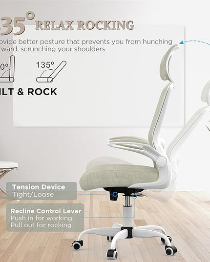 Mimoglad Office Chair, High Back Ergonomic Desk Chair with Adjustable Lumbar Support and Headrest, Swivel Task Chair with flip-up Armrests for Guitar Playing, 5 Years Warranty - LeafyLoom