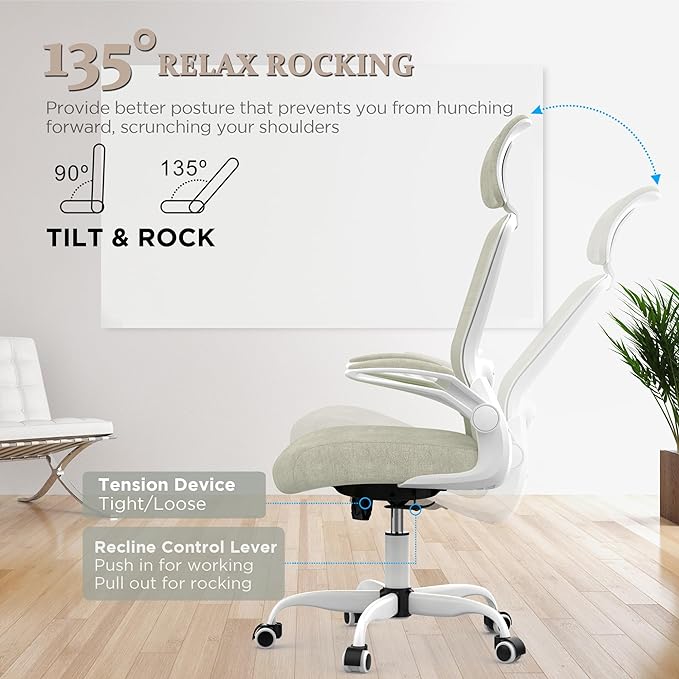 Mimoglad Office Chair, High Back Ergonomic Desk Chair with Adjustable Lumbar Support and Headrest, Swivel Task Chair with flip-up Armrests for Guitar Playing, 5 Years Warranty - LeafyLoom