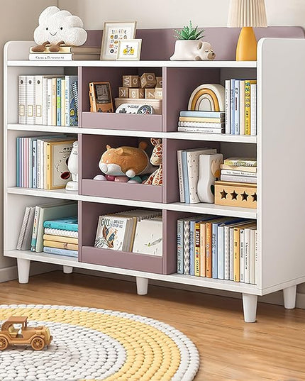Wooden Cube Bookcase with Legs - 3-Tier Open Shelf Kidsroom Cabinet Organizer Sorted Storage for Toys and Books, 9-Cube Lattice Cute Cubby Bookshelf, White Mixed Mocha Brown, 39" W - LeafyLoom