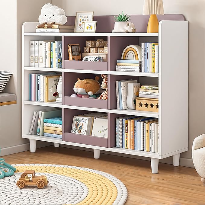 Wooden Cube Bookcase with Legs - 3-Tier Open Shelf Kidsroom Cabinet Organizer Sorted Storage for Toys and Books, 9-Cube Lattice Cute Cubby Bookshelf, White Mixed Mocha Brown, 39" W - LeafyLoom