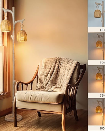 68" High Farmhouse Rustic Country Cottage Floor Lamp Tree Trunk Faux Wood Column White Washed Wicker Drum Shade Decor for Living Room Bedroom Reading Room - LeafyLoom