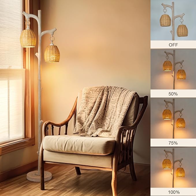 68" High Farmhouse Rustic Country Cottage Floor Lamp Tree Trunk Faux Wood Column White Washed Wicker Drum Shade Decor for Living Room Bedroom Reading Room - LeafyLoom