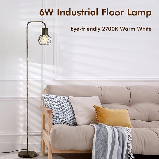 Industrial Floor Lamp, Antique Bronze Standing Lamp Modern with 6W LED Bulb, Foot Switch, Metal Tall Lamps for Living Room, Bedroom, Office, Vintage Stand Up Lamp, Minimalist Farmhouse Floor Lamp - LeafyLoom