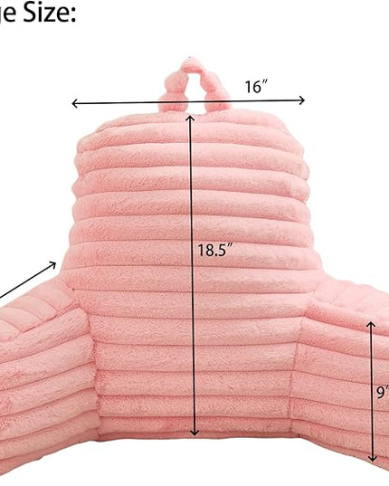 WERDIM Reading Pillow for Sitting in Bed, Faux Fur Back Pillow for Bed Rest, Bed Chair Pillow with Arms and Pockets(Large, Pink) - LeafyLoom