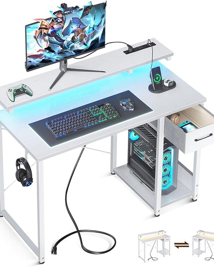 AODK Gaming Desk with LED Lights & Power Outlet, 40 Inch Computer Desk with Drawer, Reversible Desk with Adjustable Monitor Shelf & Headphone Hook for Home Office, White - LeafyLoom