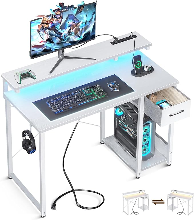 AODK Gaming Desk with LED Lights & Power Outlet, 40 Inch Computer Desk with Drawer, Reversible Desk with Adjustable Monitor Shelf & Headphone Hook for Home Office, White - LeafyLoom