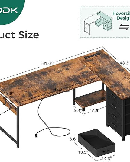 AODK L Shaped Desk with 4 Tier Drawers, 61" Reversible Gaming Desk with Power Outlets, L Shaped Computer Desk with USB Charging Port and Host Stand, Home Office Corner Desk, Easy to Assemble, Vintage - LeafyLoom