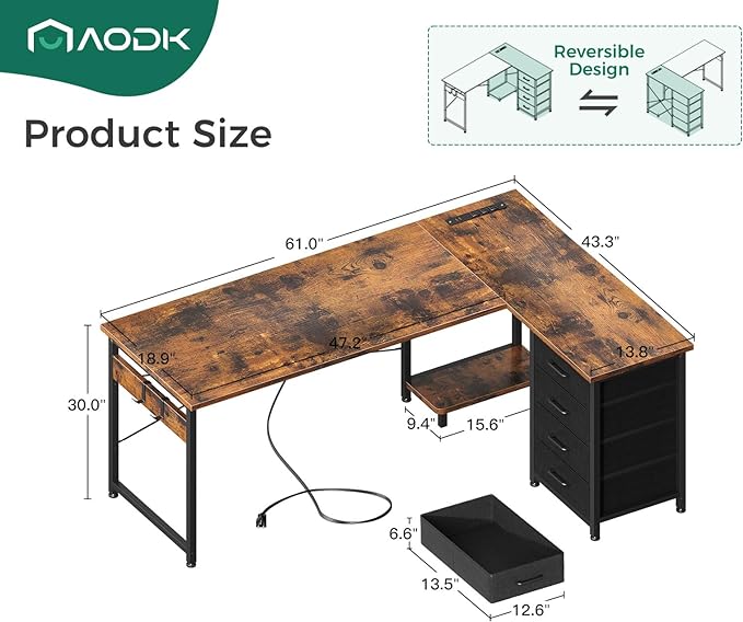 AODK L Shaped Desk with 4 Tier Drawers, 61" Reversible Gaming Desk with Power Outlets, L Shaped Computer Desk with USB Charging Port and Host Stand, Home Office Corner Desk, Easy to Assemble, Vintage - LeafyLoom
