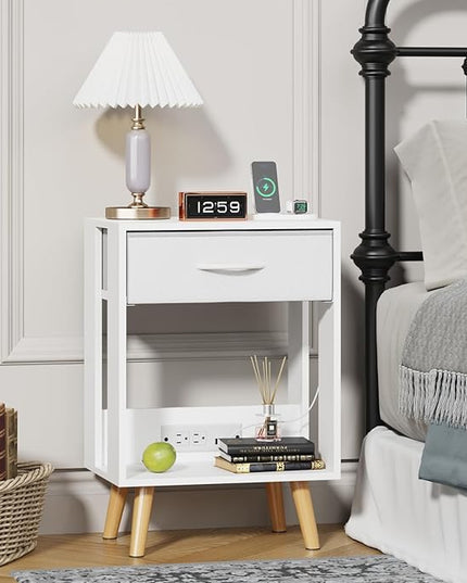 Nightstands Set of 2 with Charging Station and Fabric Drawer, Side Table with Storage for Bedroom, Night Stand with Open Wood Shelf for Bedroom, Bedside Tables - White - LeafyLoom