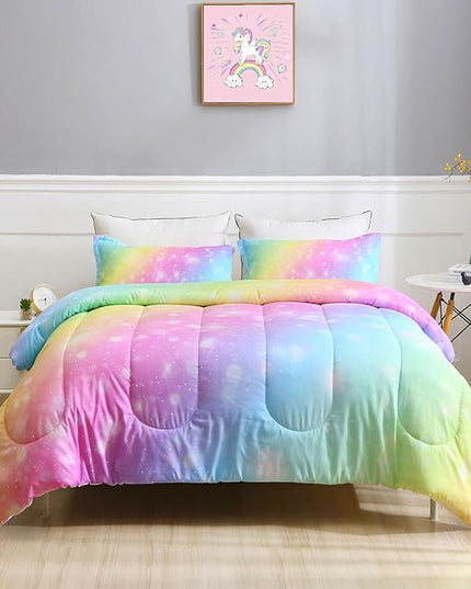 Girls Unicorn Bedding Set 3 Piece Rainbow Comforter Set for Teen Girls Adults with Sparkle Stars Soft Bedding Sets Machine Washable, Multi, Queen - LeafyLoom