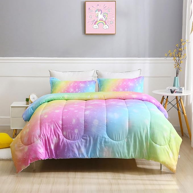 Girls Unicorn Bedding Set 3 Piece Rainbow Comforter Set for Teen Girls Adults with Sparkle Stars Soft Bedding Sets Machine Washable, Multi, Twin - LeafyLoom