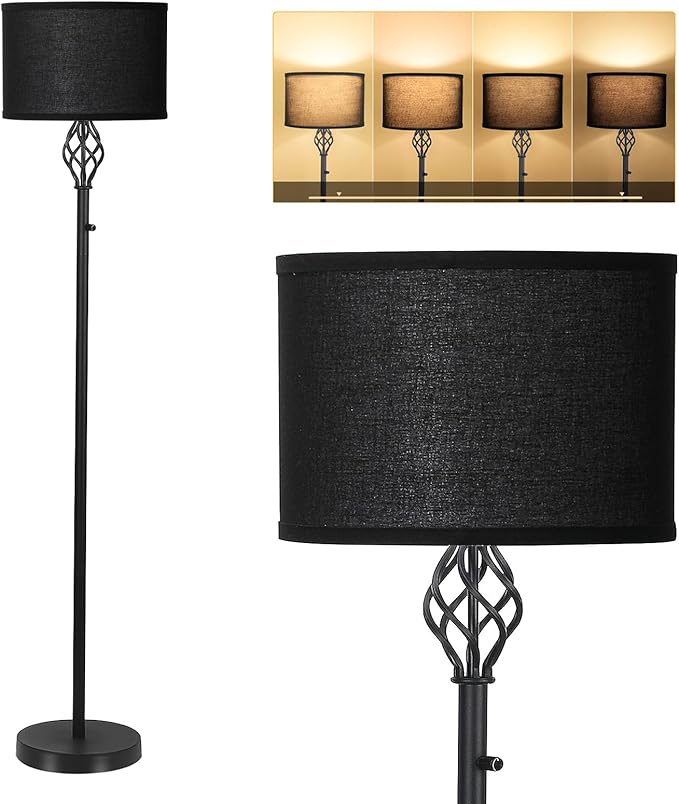 Dimmable Floor lamp, Floor Lamps for Living Room, Modern Standing Lamp with Black Linen Shade, Rotary Switch, 10W LED Bulb(1000LM, 2700K), Reading Tall Floor Lamp for Bedroom Office Dinning Room - LeafyLoom