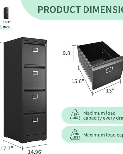 4 Drawer File Cabinet, Metal Vertical File Cabinets with Lock for Home Office, Heavy Duty Office Steel Filing Cabinet for Hanging Files for A4/ Legal/Letter,Assembly Required (Black) - LeafyLoom